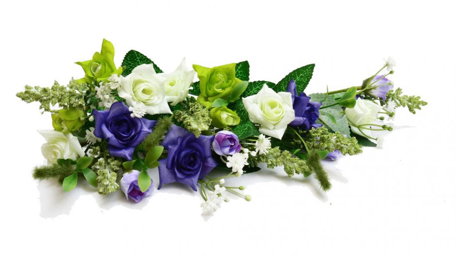flowers for funeral, sympathy arrangement in white and purple