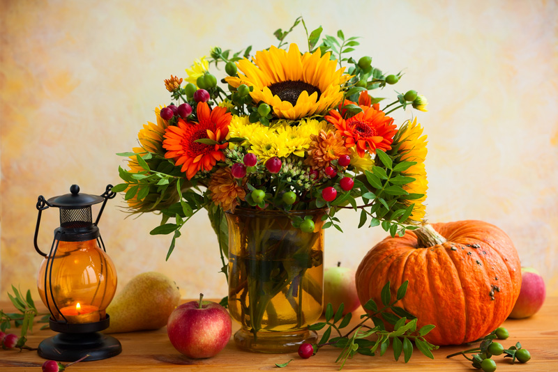 red, flower and green flowers in a vase next to a pumpkin and lantern