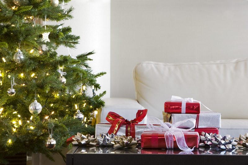 live christmas tree next to presents on a table in a modern living room