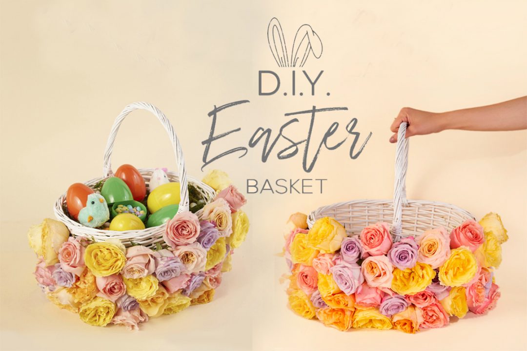 Easter basket with pastel flower decorations.