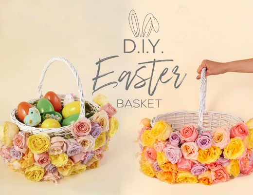 Easter basket with pastel flower decorations.
