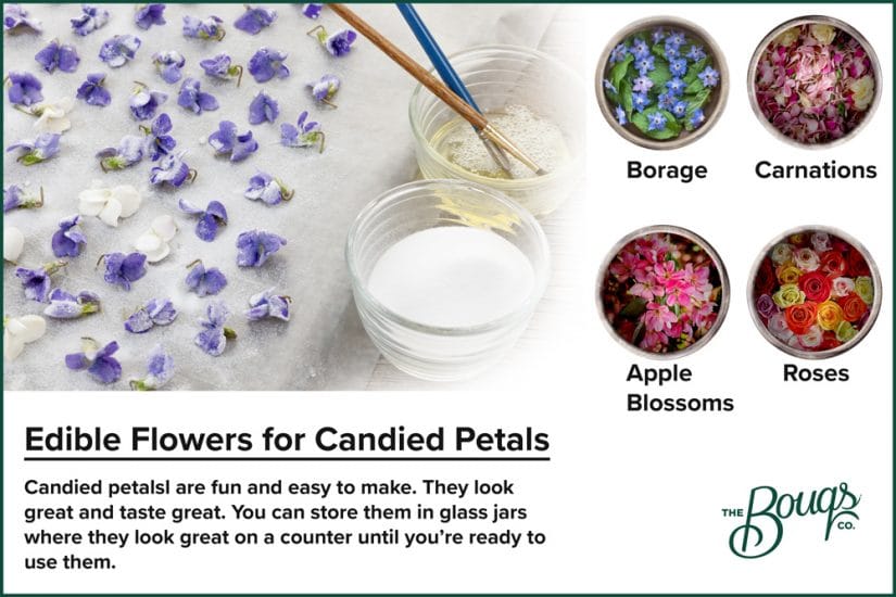 Flowers to make candied petals: roses, apple blossoms, borage, carnations