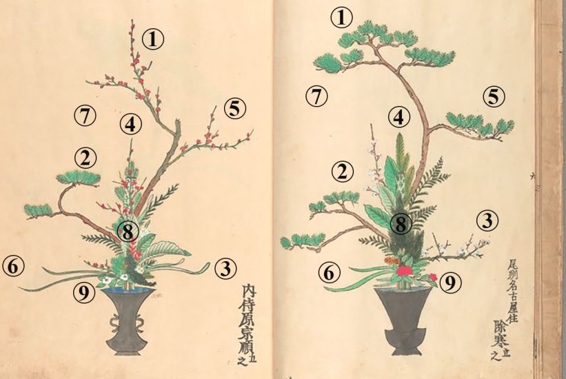 Drawing of Ikebana Rikka's 9 positions from Daijuin Ishin