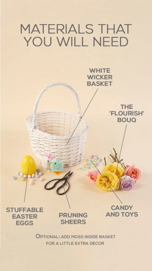 Flowers, basket, scissors, Easter eggs for DIY Easter basket