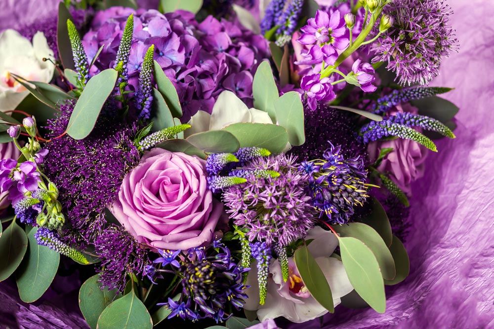 Purple flower assortment - Roses, hydrangeas, lilacs, orchids