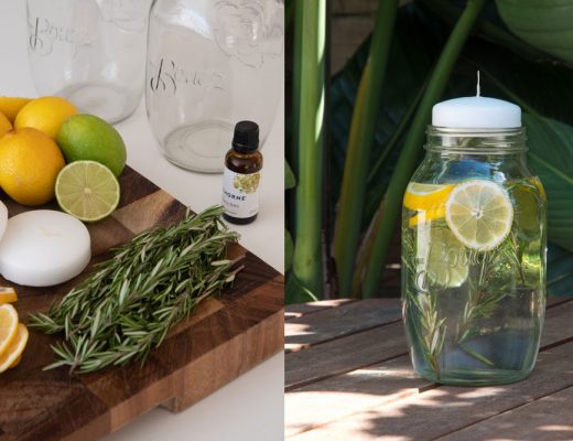 Citronella candle made from a Bouqs mason jar with lemons, limes, rosemary floating in water