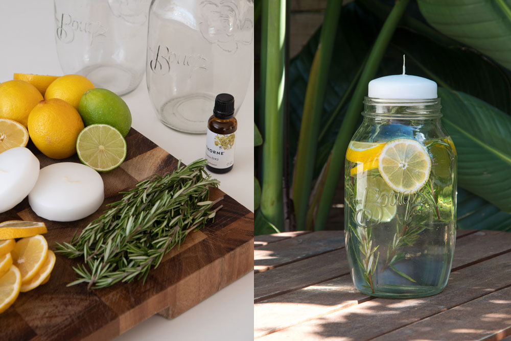 Citronella candle made from a Bouqs mason jar with lemons, limes, rosemary floating in water