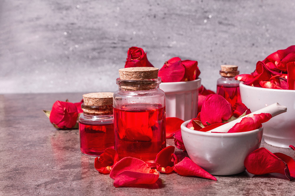 Rose water in jars and bowls from making it at home
