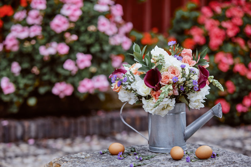 easter flowers in peach, white and burgundy in a tin watering can next to easter eggs