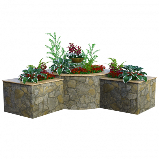 large brown stone planter filled with green foliage and red flowers