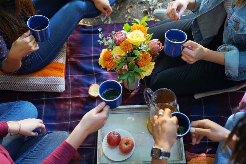 friends sitting on a plaid picnic blanket while holding blue mugs