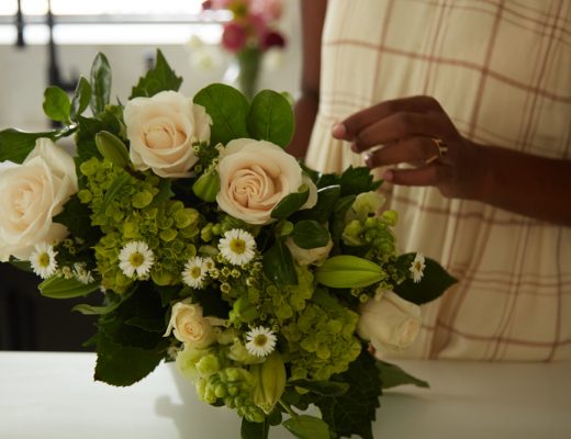 flower arrangement with green hydrangeas and other green flowers