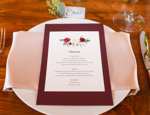wedding menu on table setting with utensils on the side