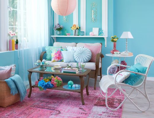 Brightly decorated living room with maximalism style