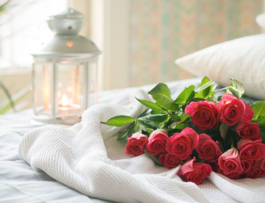 Pink-red roses laid out on a bed