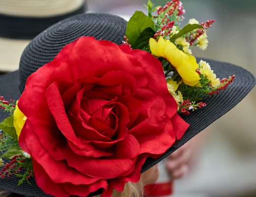 Woman wearing an extravagant hat with flowers on it at a horse race