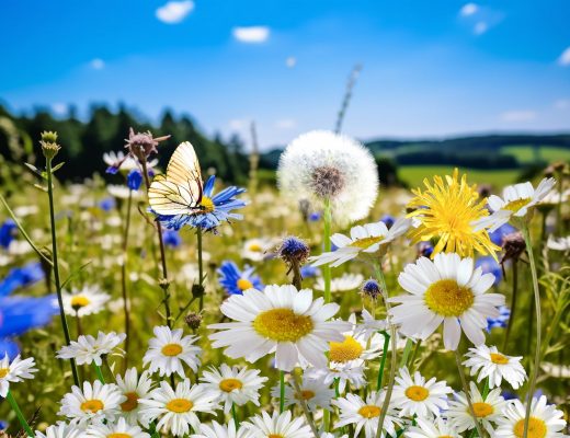 Bright and sunny field with flowers blooming