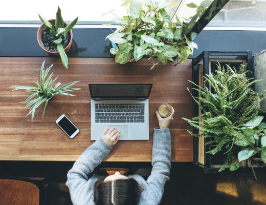 Overhead shot of a person at a desk with a computer and multiple potted plants on their desk