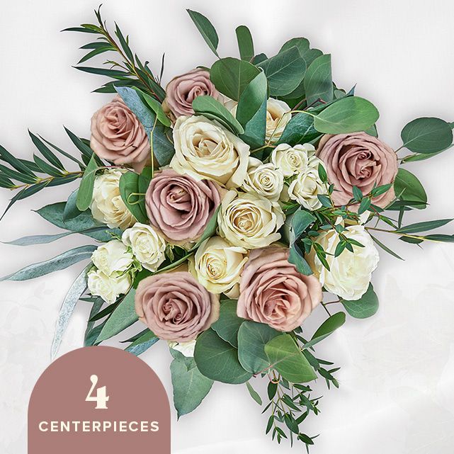 4 centerpieces with taupe and ivory floral blooms.