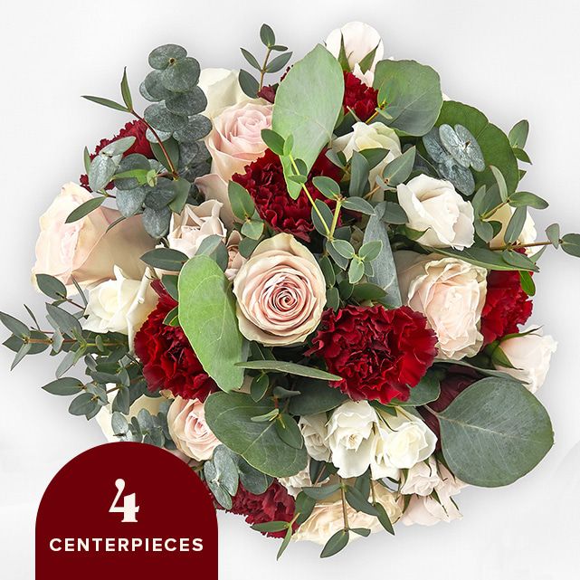 4 centerpieces with burgundy and ivory floral blooms.